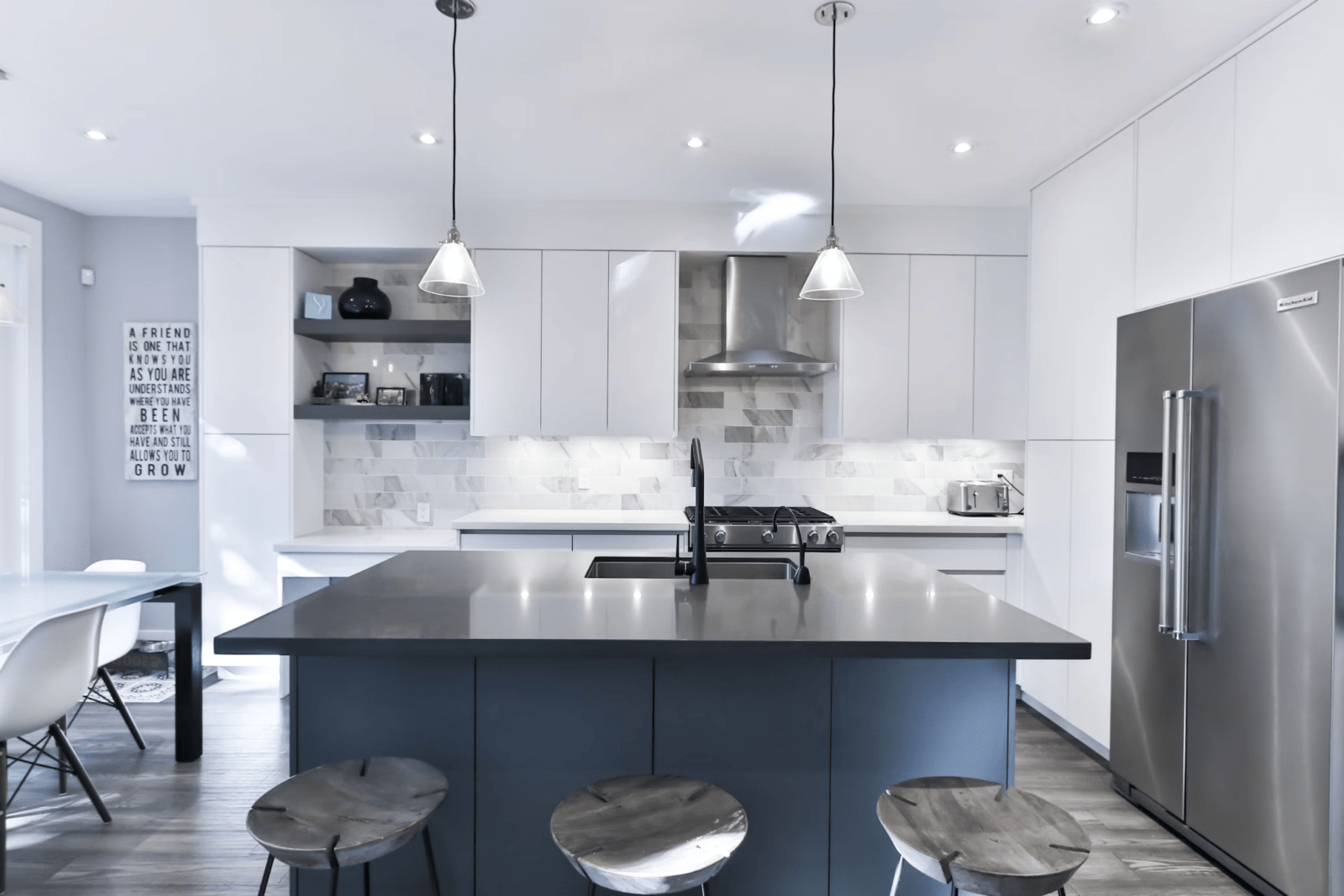 kitchen with blue accent island