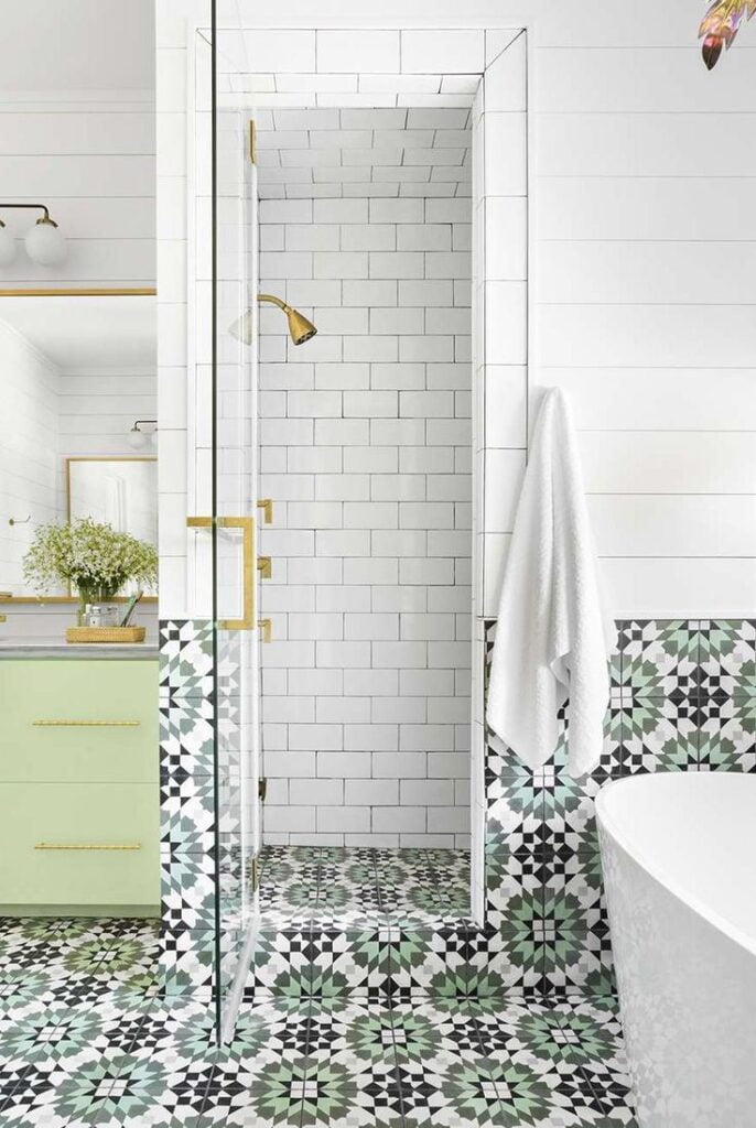 pretty walk-in shower and bathroom tiles in bathroom remodel